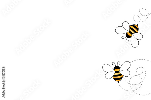 Cartoon cute bee mascot. Merry bee with an empty table. Small wasp. Vector character. Insect icon. Holiday template design for invitation, cards, wallpaper, school, kindergarten. Copy space