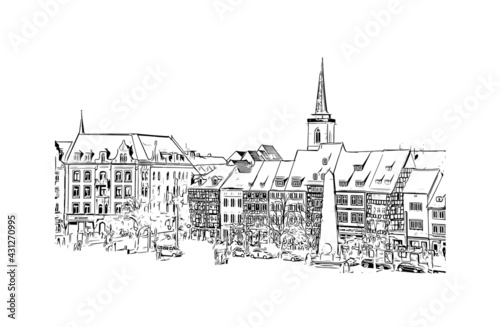 Building view with landmark of Erfurt is the 
city in Germany. Hand drawn sketch illustration in vector.