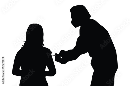 Doctor in PPE suit with vaccine injection needle silhouette on white background, people medical and healthy concept.