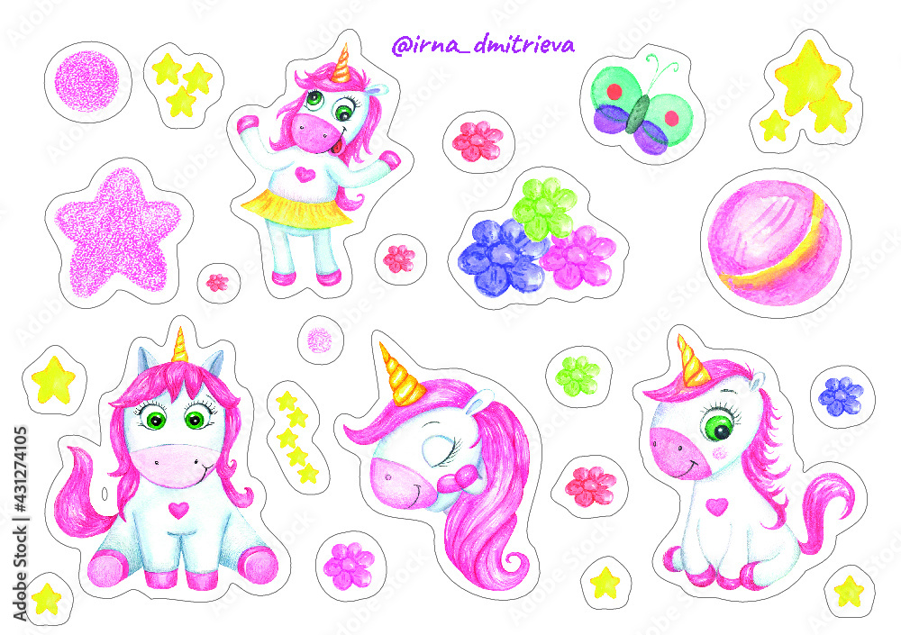 Doodle set stickers watercolor pony for wallpaper design. Love icon set. Funny cartoon character. Poster design. Sweet set.
