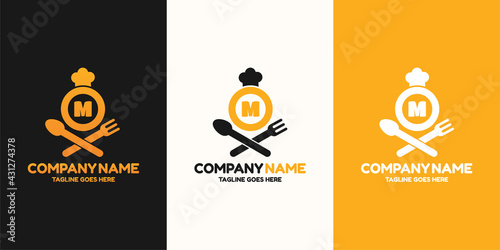 Initial letter M food Logo Design Template. Illustration vector graphic. Design concept fork,spoon and chef hat With letter symbol. Perfect for  cafe, restaurant, cooking business