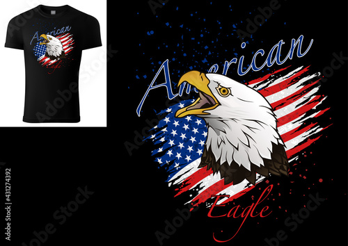 T-shirt Design with Bald Eagle and Torn American Flag - Colored Illustration with Grunge Decoration Isolated on Black Background, Vector
