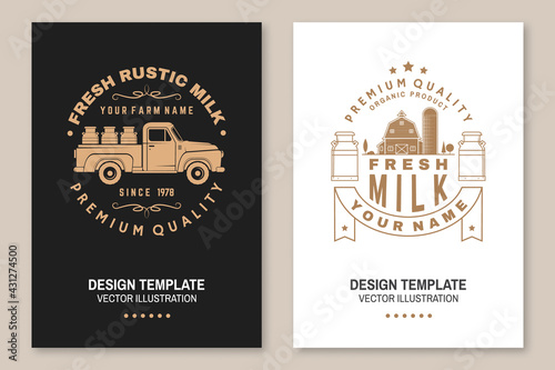 Fresh rustic milk badge, logo. Vector Flyer, brochure, banner, poster design with cow, milk farm, truck silhouette. Template for dairy and milk farm business - shop, market, packaging and menu.