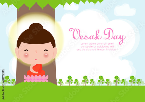 Happy vesak day with cute Buddha sitting under bodhi tree in Visakha Puja day, buddha purnima, Buddhist holiday concept banner background vector design vector illustration.