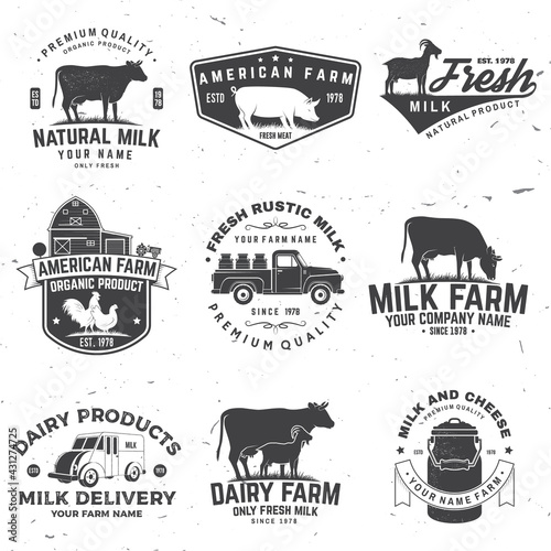 American Farm Badge or Label. Vector. Vintage typography design with chicken, pig, cow and farm house silhouette. Elements on the theme of the milk, pork and chicken farm business.
