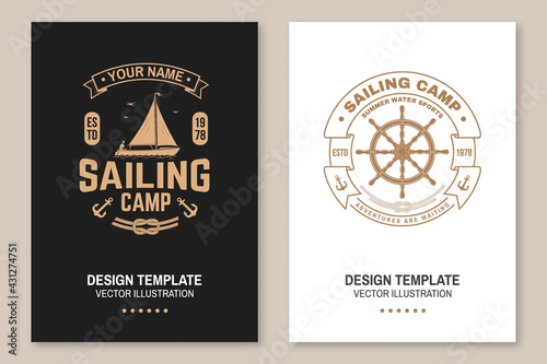 Set of summer sailing camp template. Vector illustration Flyer, brochure, banner, poster design with man in sailboats and steering hand wheel ship silhouette. Ocean adventure sporting activity