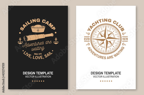 Set of summer sailing camp template. Vector illustration Flyer, brochure, banner, poster design with man in sailboats and steering hand wheel ship silhouette. Ocean adventure sporting activity