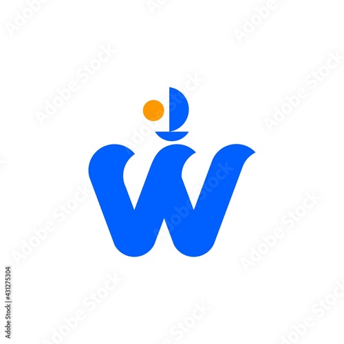 Logo elements: letter 'W', waves of the sea and a ship with the sun. Vector.