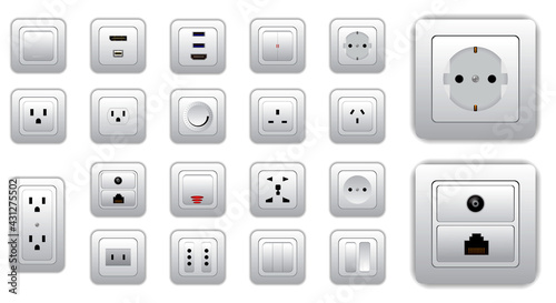 set of socket and switch electrical or realistic electrical plug and switch or computer connectors socket. eps vector
