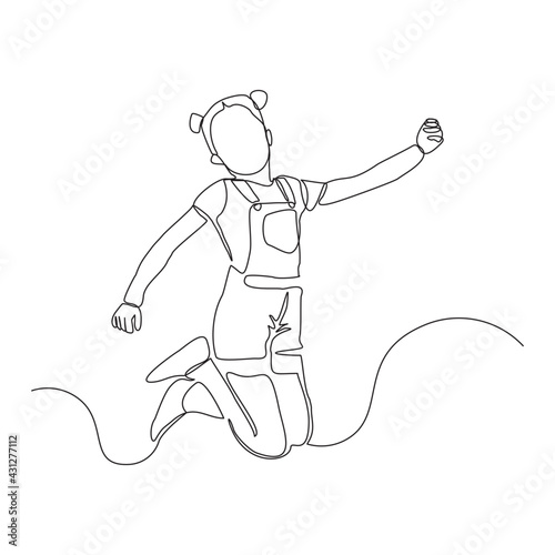 Continuous line drawing of happy woman girl children dancing and jumping. Single one line childhood vector illustration. 