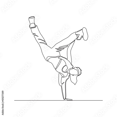 Continuous line drawing of woman break dancer hand stand. Single one line art concept of female hip hop dance. Vector illustration