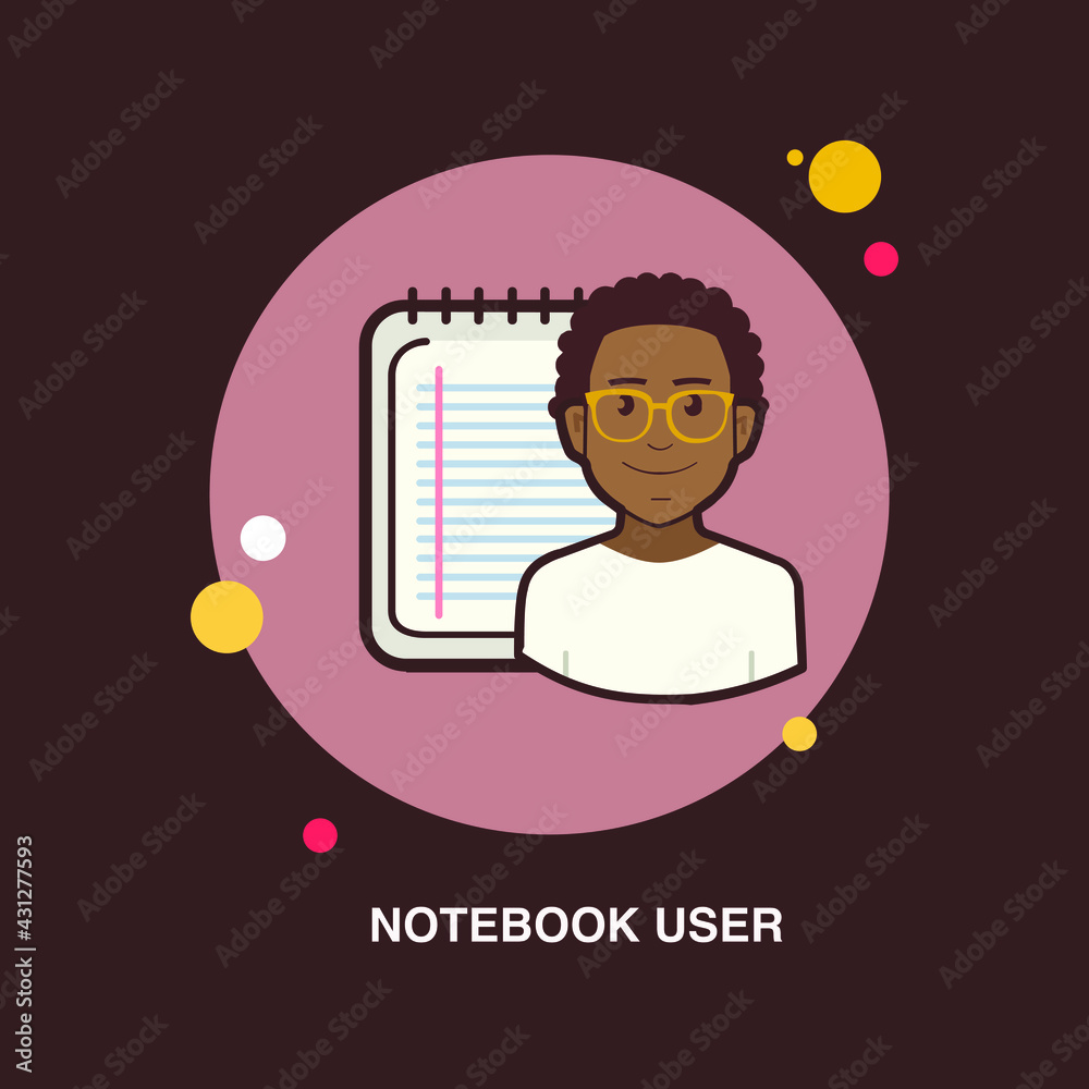 notebook user with young boy wearing spectacles flat concept design