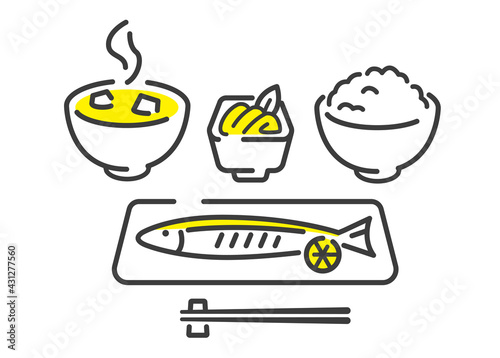 ベクターイラスト素材：焼き魚、定食、和食
