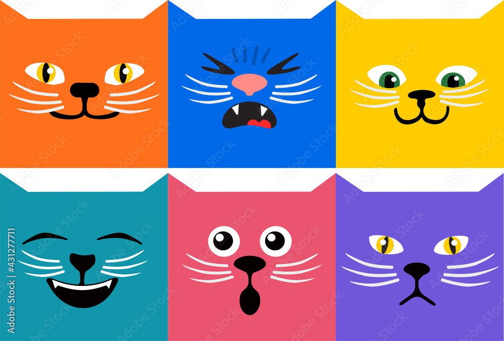 Cats emoji square emoticon smile cute vector illustration Abstract faces. Kitty square emotional face, cats emoticons. Bright color diverse cartoon doodle pets muzzles set