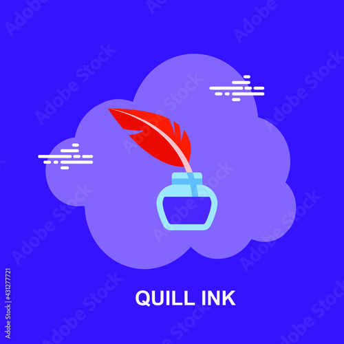 Quill ink with feather pen dipped in ink bottle on purple background flat concept design