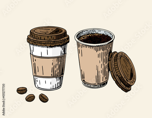 Take-out coffee cup and beans. Plastic cup of coffee. Coffee to go cup with a lid. Coffee take away sign for print, cafe, menu, restaurant, advertisement. Emblem for reopening. Vector sketch.