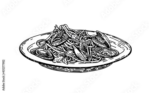 Illustration of mussel pasta on a plate. Seafood Pasta sketch. Italian food. Spaghetti in the plate. Engravings vintage illustration. Hand drawn vector background. Mediterranean Kitchen.