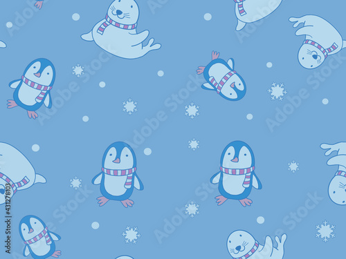 penguins  seals and snowflakes seamless pattern with light blue background represent to winter animals  holidays concepts. cute fabric swatch. wrapping paper. repetitive background.