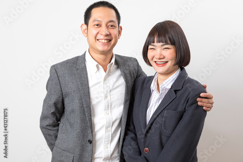 Asians executive businessman and adviser businesswoman standing on white background.