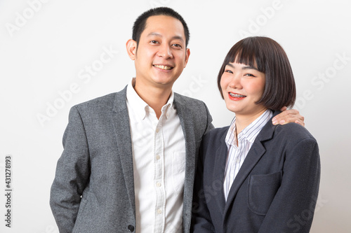 Asians executive businessman and adviser businesswoman standing on white background.