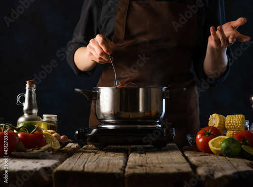 The chef prepares potatoes  corn and crayfish. Foods Background Culinary Recipes And Cooking Recipes