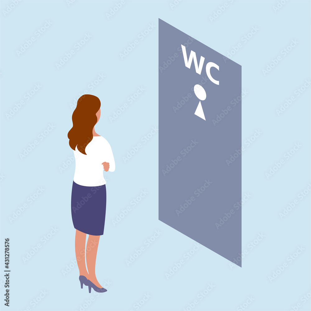 A woman stand in front of the toilet door. Female wc. Waiting for their ...