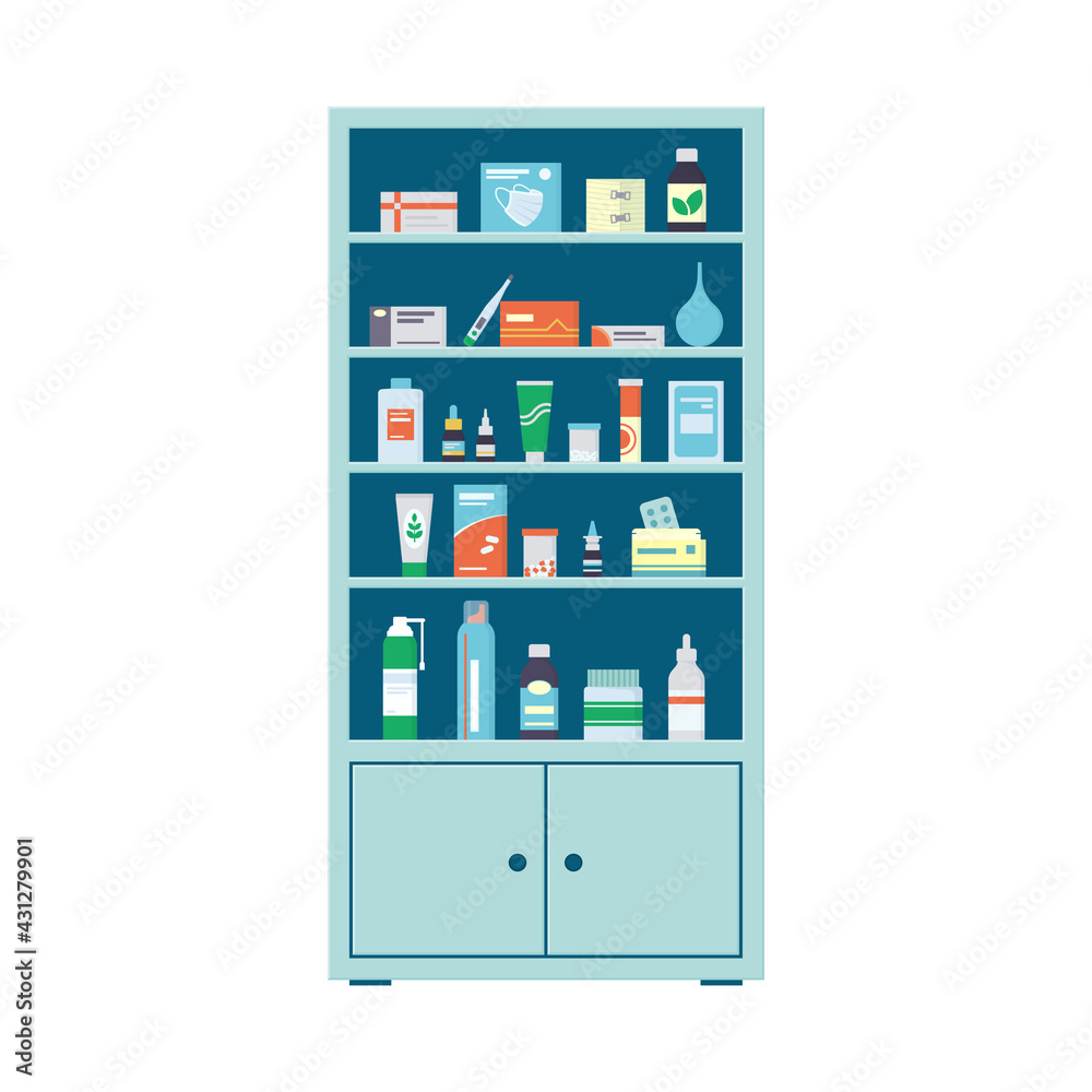 Pharmacy cabinet full of drugs, pills and bottles. Pharmacy shelves. Medical cabinet. Vector illustration in flat style on white background. Pharmacy cabinet full of drugs, pills and bottles. Pharmacy shelves. Medical cabinet. Vector illustration in flat style on white background.