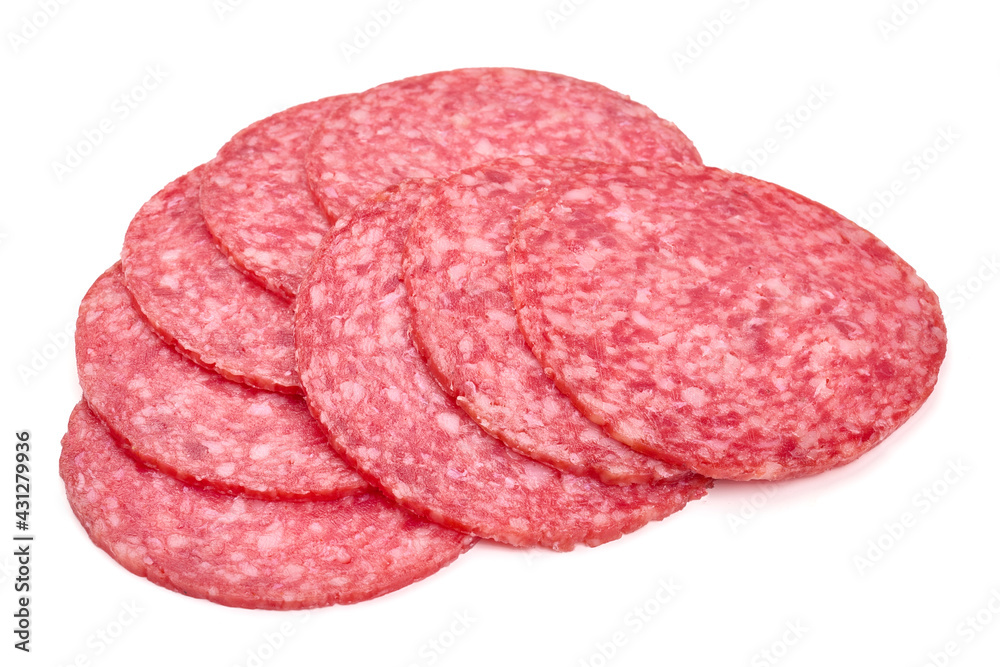 Salami smoked sausage, isolated on white background. High resolution image.