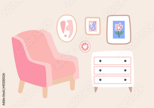 Living room furniture. Interior decoration isolated. Trendy hugge style, vintage urban cozy livingroom. Hand drawn flat. Set collection. Whire, pink, beige, blue, brown colors. Print, poster, banner.