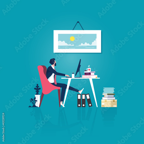 Tired businessman thinking about relax, Tired businessman at office desk looking at photograph on wall, Tired worker want to relaxing