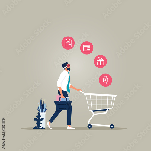 Virtual reality online shopping vector concept, Businessman using virtual glasses for online shopping