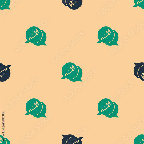 Green and black Addiction to the drug icon isolated seamless pattern on beige background. Heroin, narcotic, addiction, illegal. Sick junkie with a syringe and medical pills. Vector