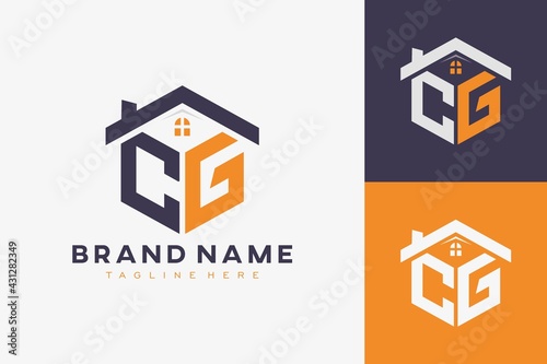 hexagon CG house monogram logo for real estate, property, construction business identity. box shaped home initiral with fav icons vector graphic template