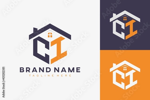 hexagon CI house monogram logo for real estate, property, construction business identity. box shaped home initiral with fav icons vector graphic template