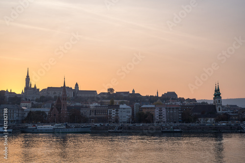Budapest sunset with Danube river and buildings visible