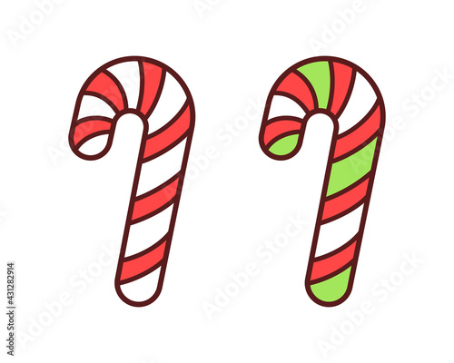 Red, green and white candy cane cartoon illustration set. Christmas decoration element for greeting cards, posters, prints for clothes, flyers, etc. Simple flat vector clip art design.