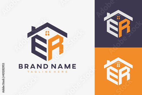 hexagon ER house monogram logo for real estate, property, construction business identity. box shaped home initiral with fav icons vector graphic template