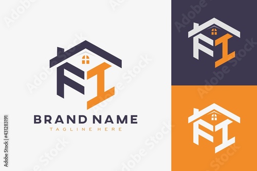 hexagon FI house monogram logo for real estate, property, construction business identity. box shaped home initiral with fav icons vector graphic template