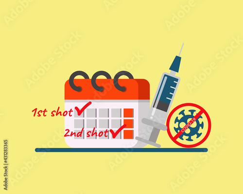 Timing of COVID-19 Vaccine shot concept: Syringe with text about the first shot and the second shot of Covid-19 Vaccine.