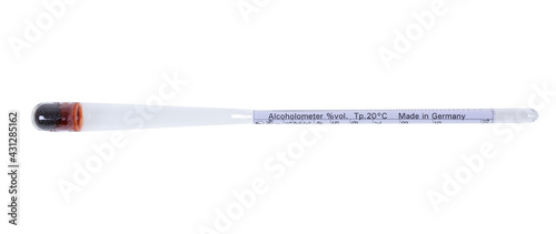 Foto Glass alcoholometer for determining the amount of alcohol in a liquid on white background