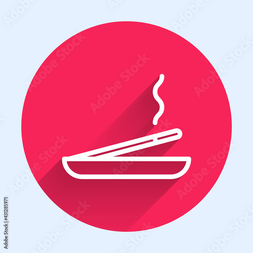 White line Scented spa stick on a wooden stand icon isolated with long shadow. Incense stick. Cosmetic procedure aromatherapy. Red circle button. Vector Illustration