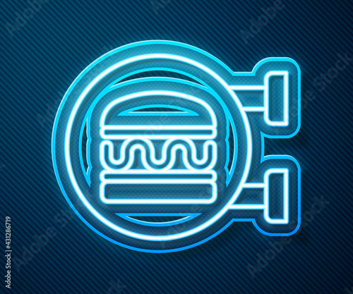 Glowing neon line Online ordering and burger delivery icon isolated on blue background. Vector