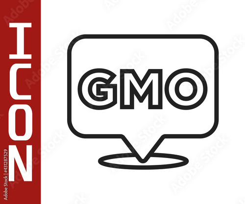 Black line GMO icon isolated on white background. Genetically modified organism acronym. Dna food modification. Vector