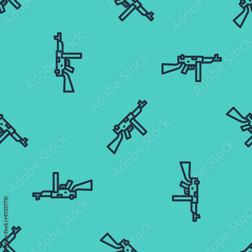 Black line Thompson tommy submachine gun icon isolated seamless pattern on green background. American submachine gun. Vector