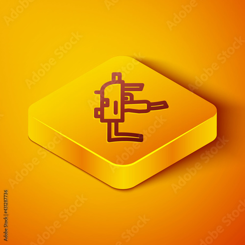Isometric line MP9 submachine gun icon isolated on orange background. Automatic weapon. Yellow square button. Vector