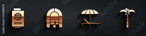 Set Passport with ticket, Rafting boat, Sunbed and umbrella and Tropical palm tree icon with long shadow. Vector