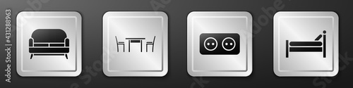 Set Sofa, Wooden table with chair, Electrical outlet and Bed icon. Silver square button. Vector