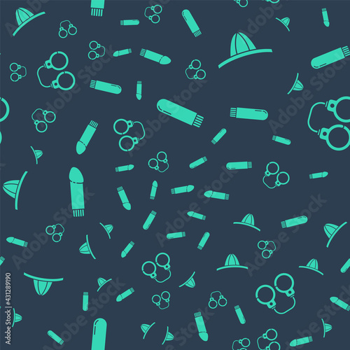 Set Dildo vibrator, Woman panties, Dildo vibrator and Sexy fluffy handcuffs on seamless pattern. Vector