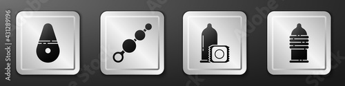 Set Dildo vibrator, Anal beads, Condom and Condom safe sex icon. Silver square button. Vector