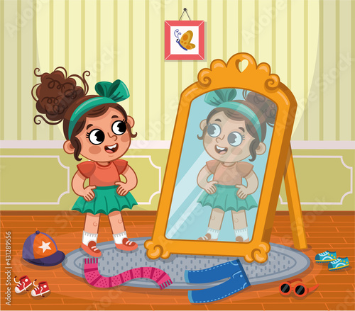 Happy child girl try on outfits looking at mirror. Vector illustration.